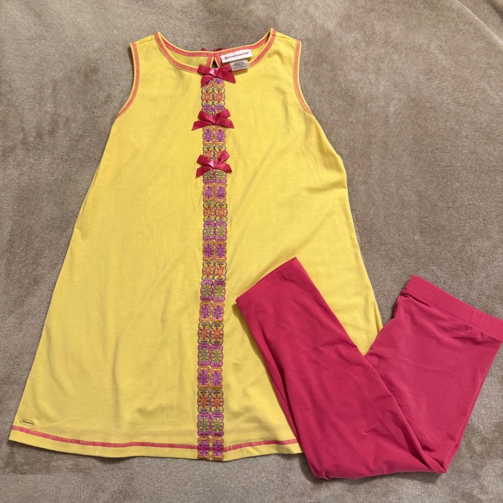 American Girl Yellow Floral Nightgown & Pink Leggings Pajama Set L 14/16